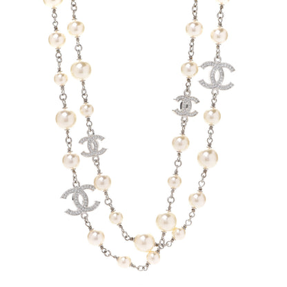 Chanel Crystal Pearl CC Long Necklace Silver 1 of 6
