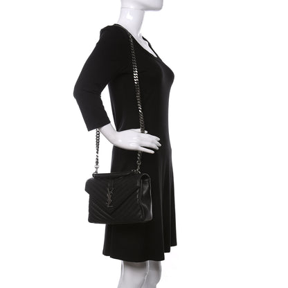 Saint Laurent Sheepskin Matelasse Chevron Monogram Medium College Bag Black 2 of 9