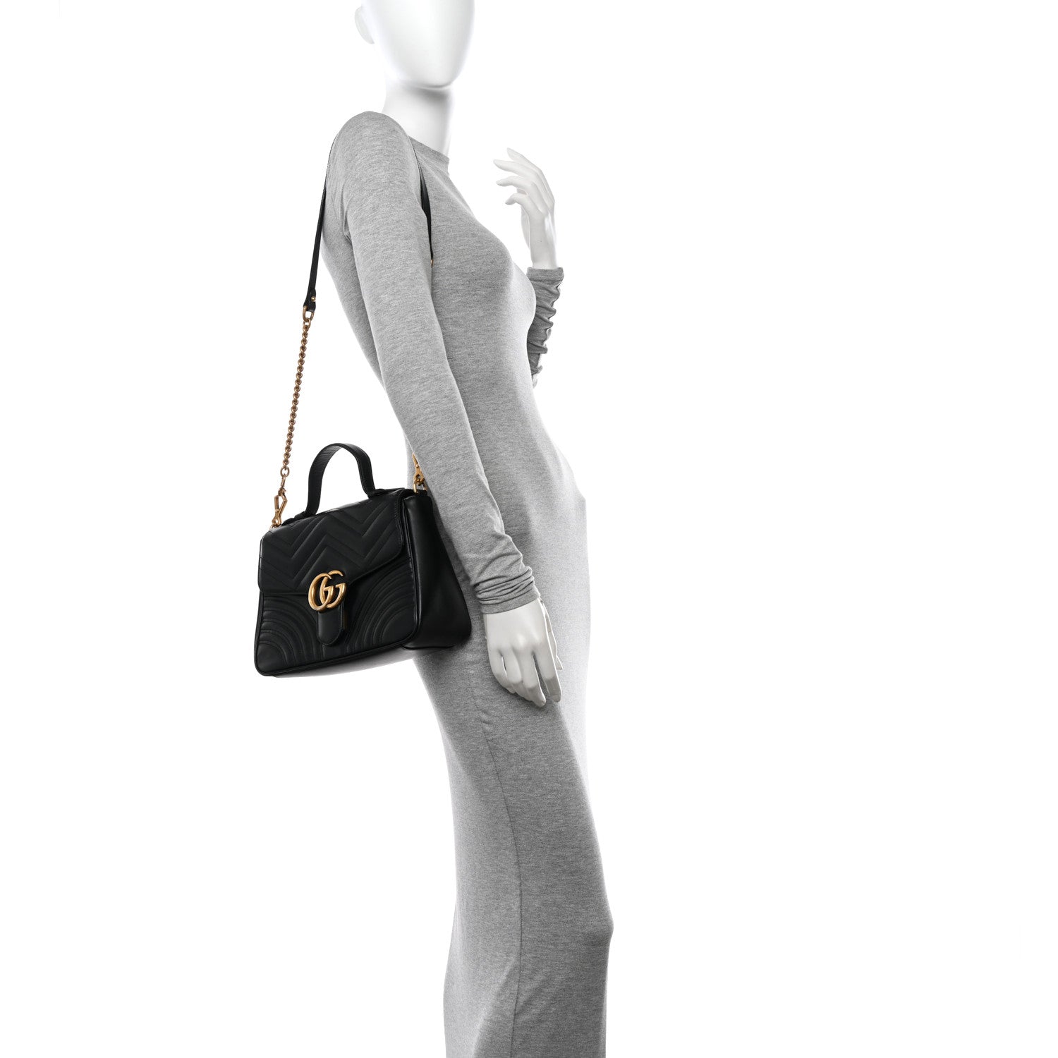 Gucci Calfskin Matelasse Small GG Marmont Top Handle Shoulder Bag Black 2 of 11