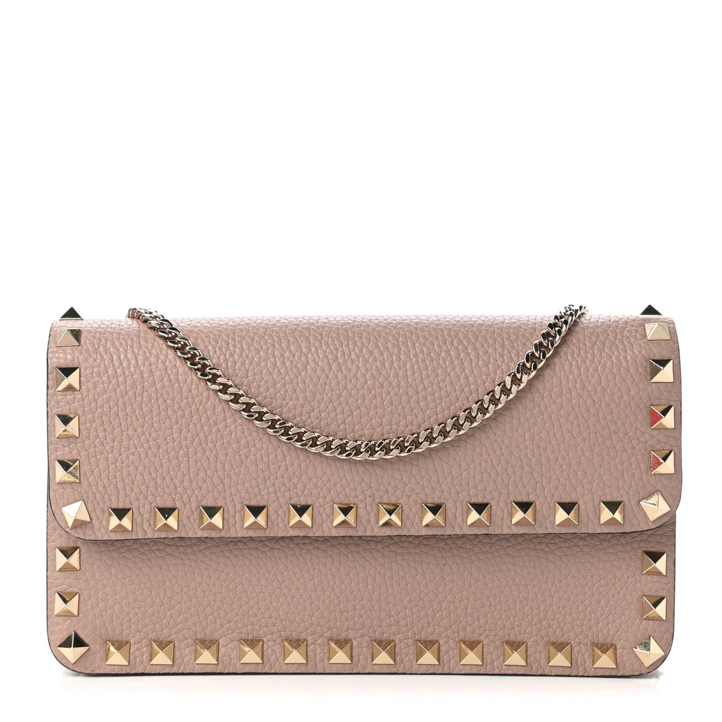 Pebbled Calfskin Rockstud Flap Wallet On Chain Poudre