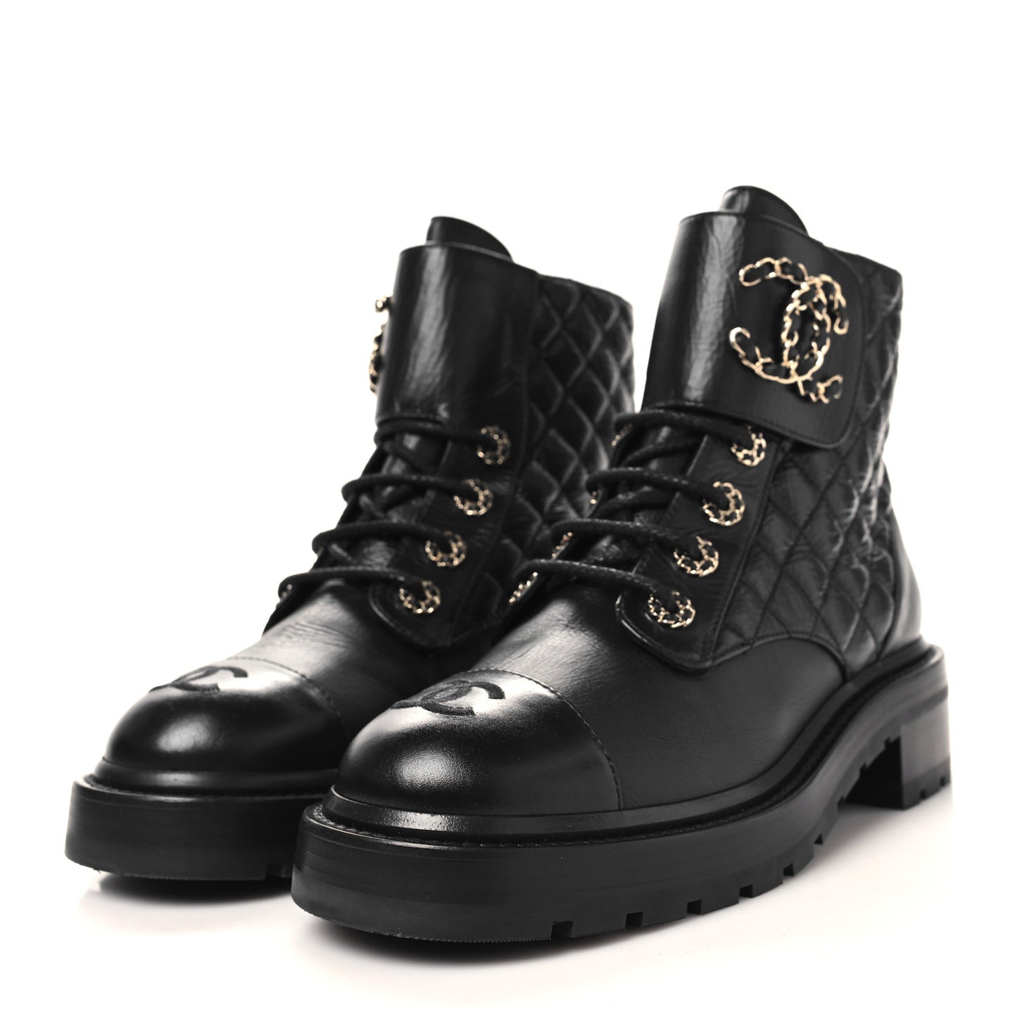 Shiny Goatskin Calfskin Quilted Lace Up Combat Boots 38 Black