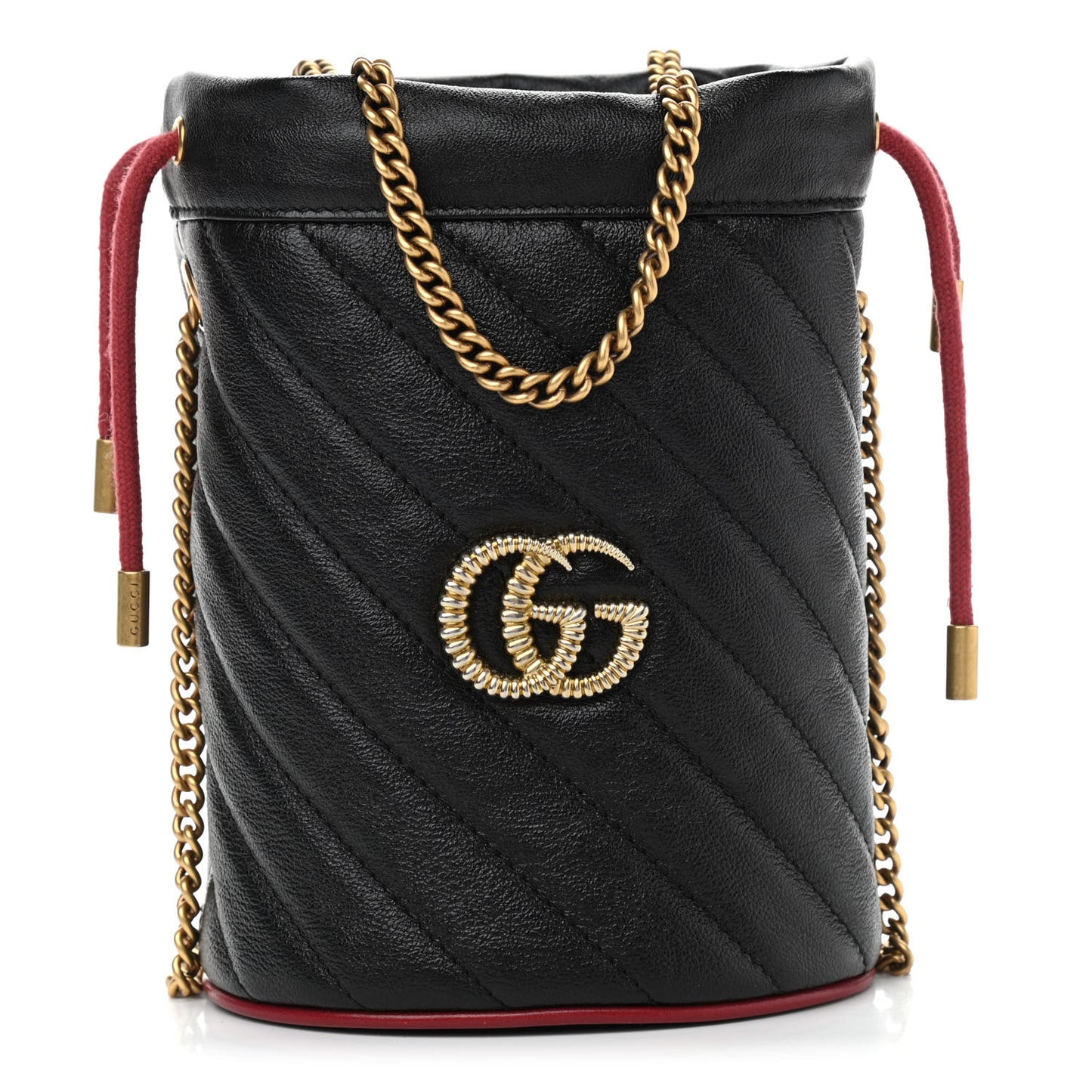Vintage Effect Calfskin Matelasse Diagonal Mini Torchon GG Marmont 2.0 Bucket Bag Black Romantic Cherry