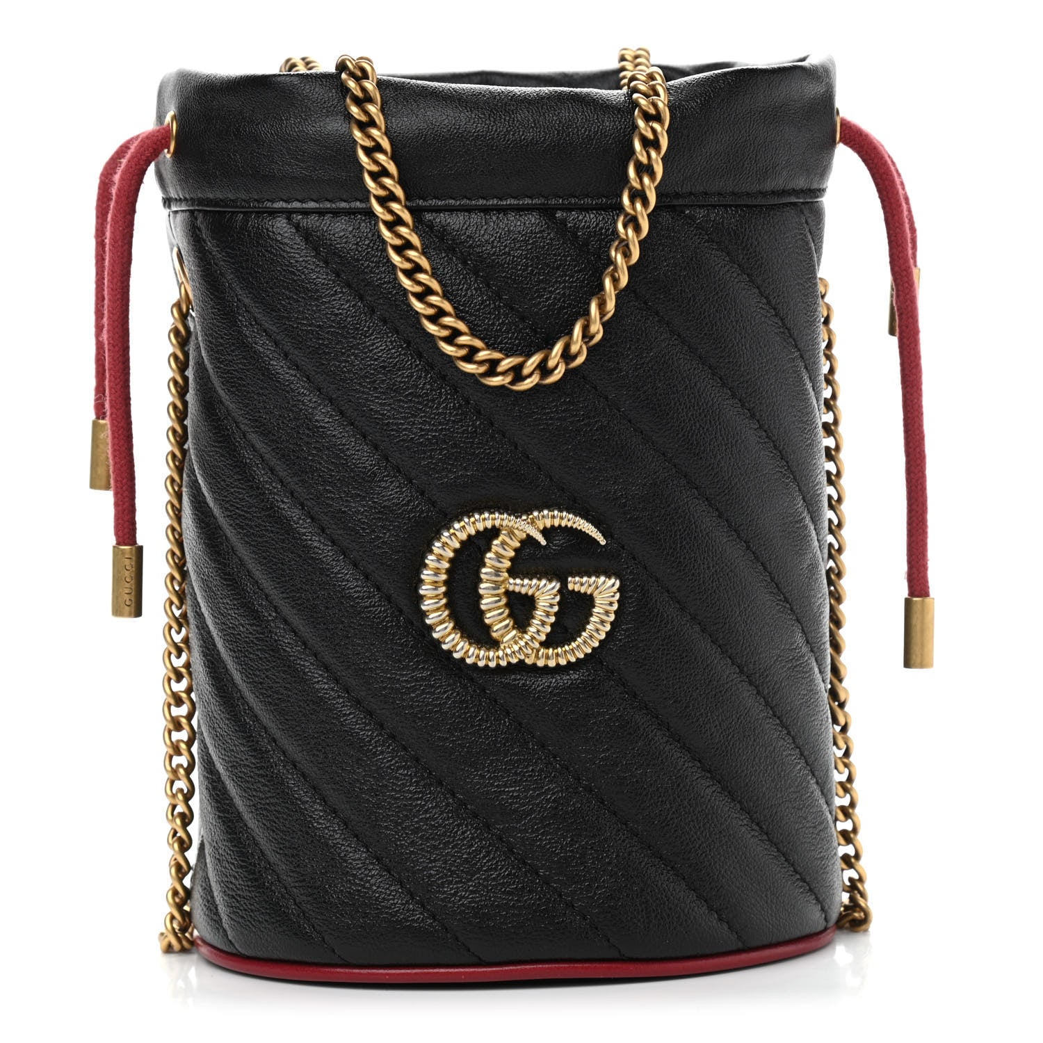 Gucci Vintage Effect Calfskin Matelasse Diagonal Mini Torchon GG Marmont 2.0 Bucket Bag Black Romantic Cherry 1 of 10