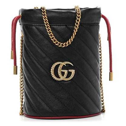 Gucci Vintage Effect Calfskin Matelasse Diagonal Mini Torchon GG Marmont 2.0 Bucket Bag Black Romantic Cherry 1 of 10