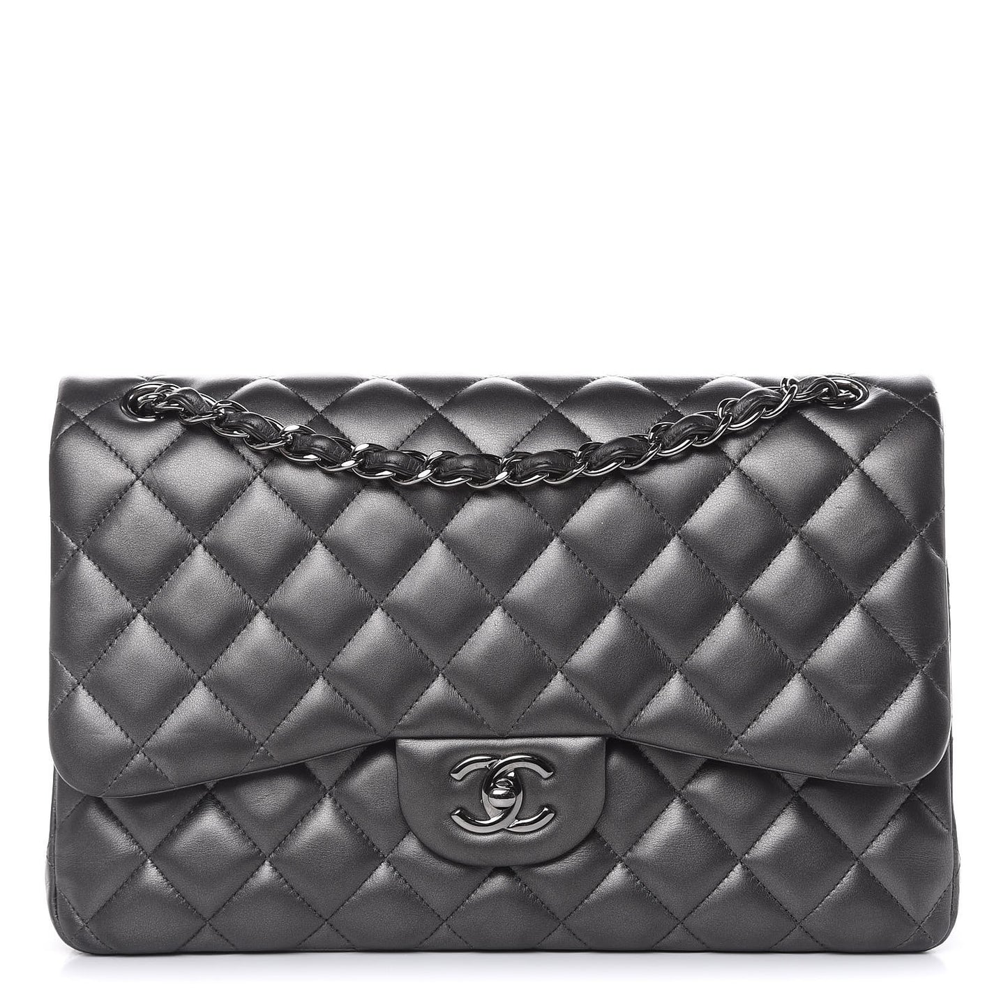 Metallic Lambskin Quilted Jumbo Double Flap Pewter
