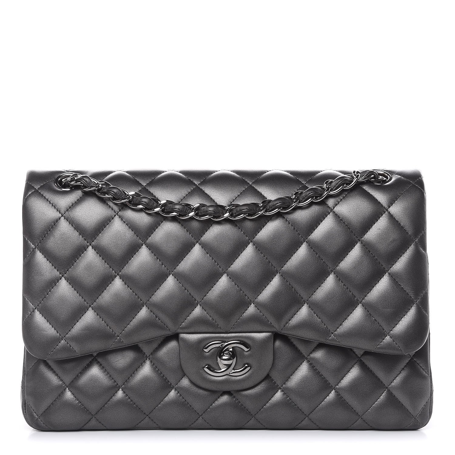 Chanel Metallic Lambskin Quilted Jumbo Double Flap Pewter 1 of 15