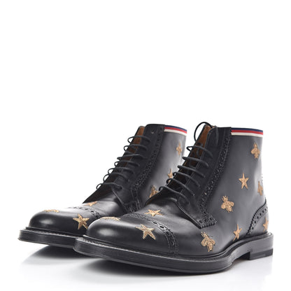 Gucci Calfskin Sylvie Web Bee Star Embroidered Mens Brogue Captoe Boots 7.5 Black 3 of 10