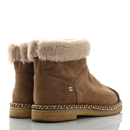 Chanel Kid Suede Shearling Womens Cap Toe Chain Short Boots 41 Light Brown Black 4 of 11
