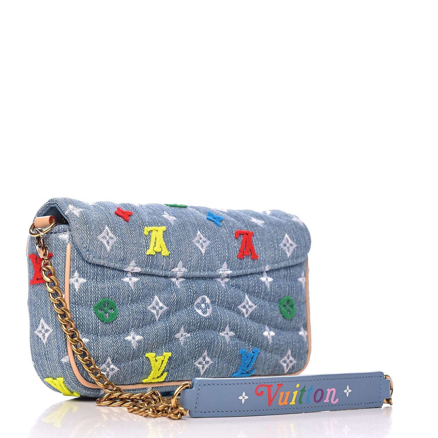 Embroidered Monogram Denim New Wave Chain Pochette Blue