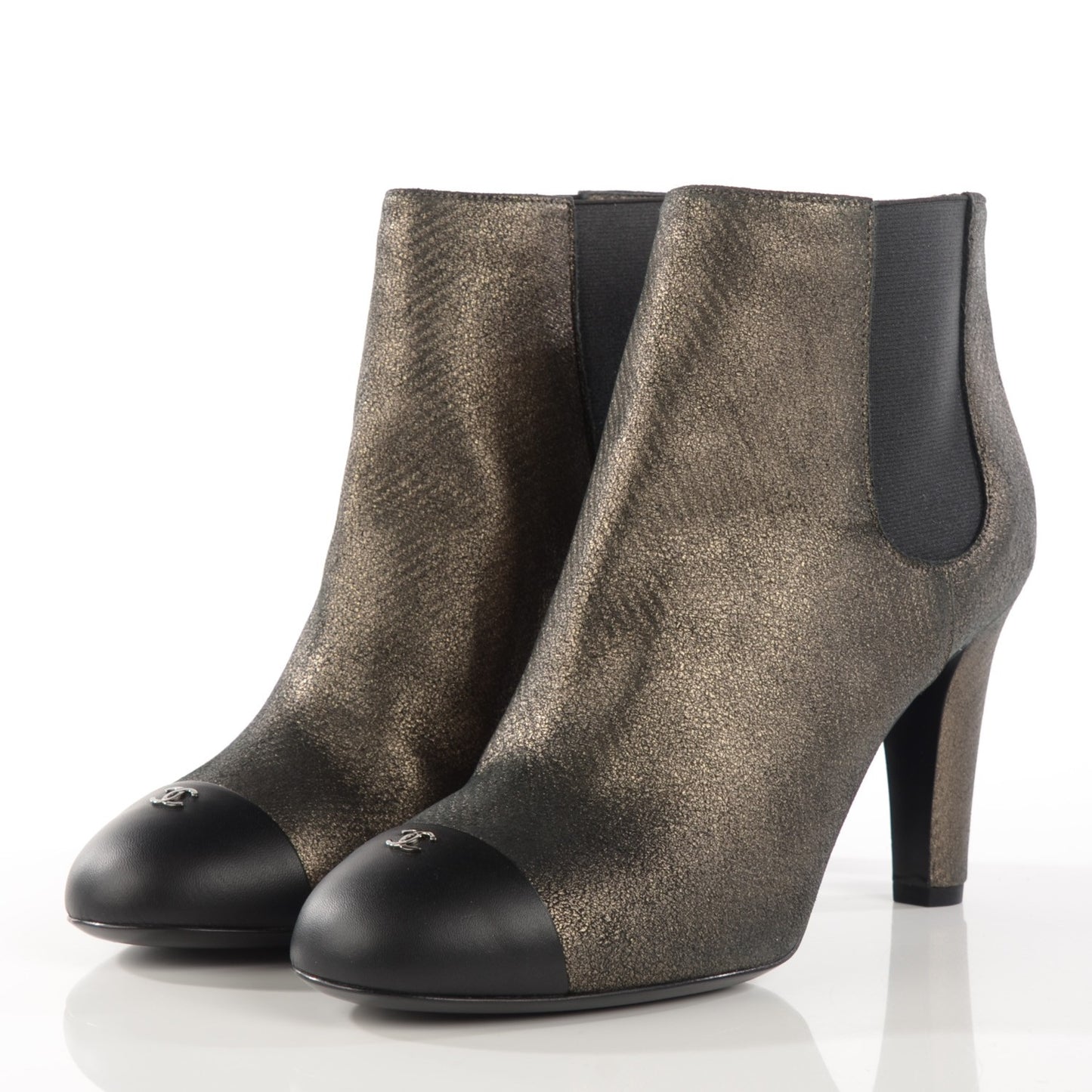 Metallic Lambskin CC Cap Toe Ankle Boots 38.5 Argent Fonce Black