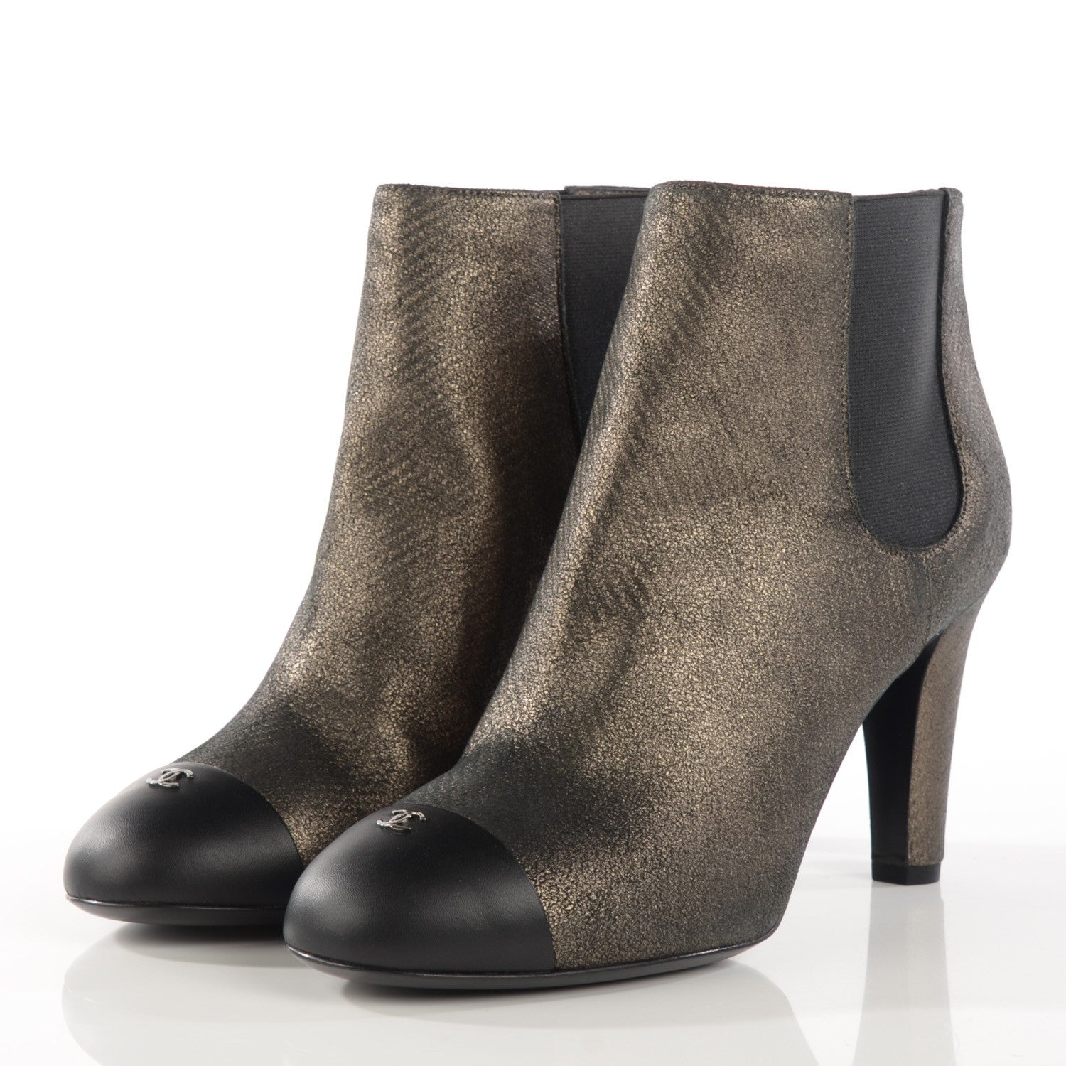 Chanel Metallic Lambskin CC Cap Toe Ankle Boots 38.5 Argent Fonce Black 3 of 15