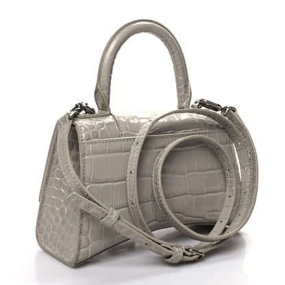 Balenciaga Shiny Calfskin Crocodile Embossed Hourglass Top Handle Bag XS Cold Beige 3 of 14