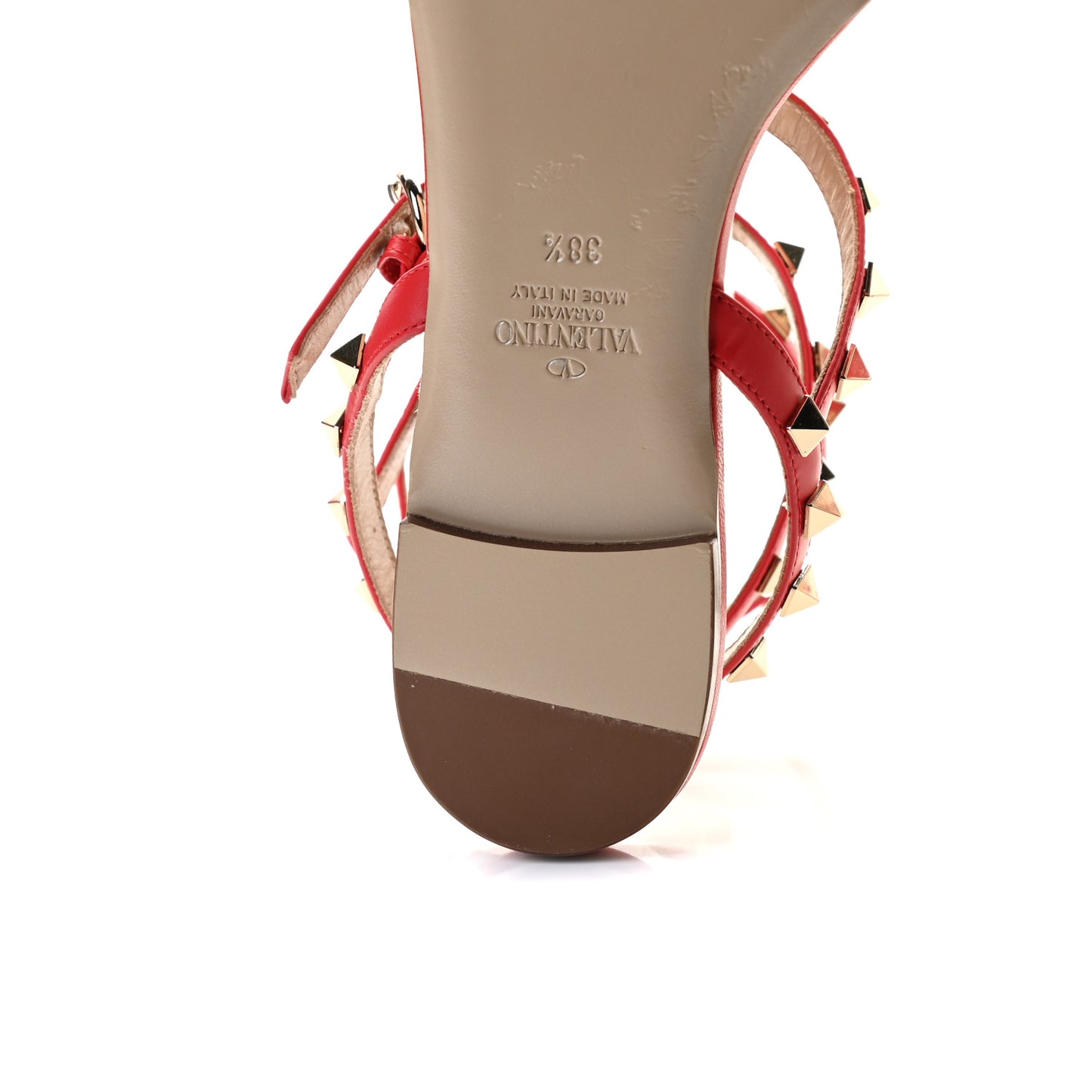 Calfskin Nappa Rockstud Ankle Wrap Flat Thong Sandals 38.5 Rouge Pur