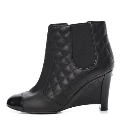 Chanel Lambskin Patent Quilted Wedge Ankle Boots 39 Black 1 of 14