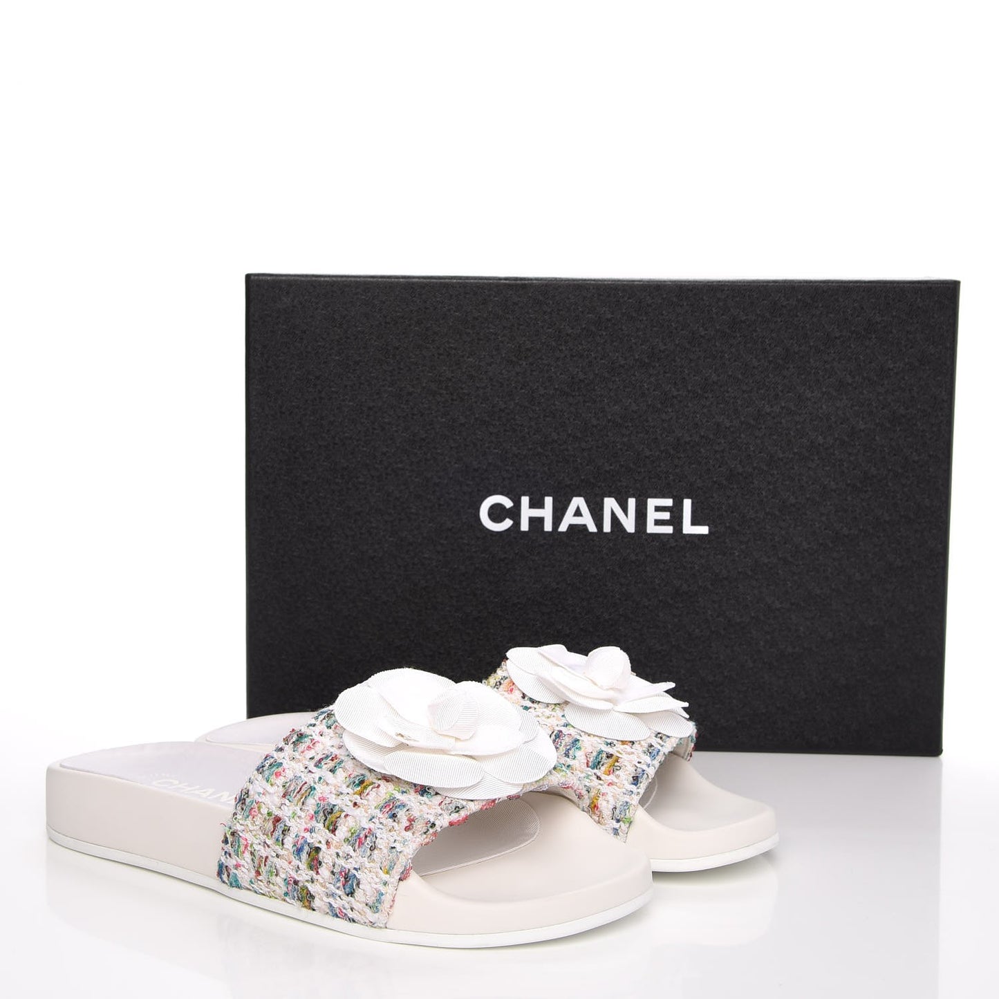 Tweed Grosgrain Camellia Mule Sandal 35 Ecru Green Ivory