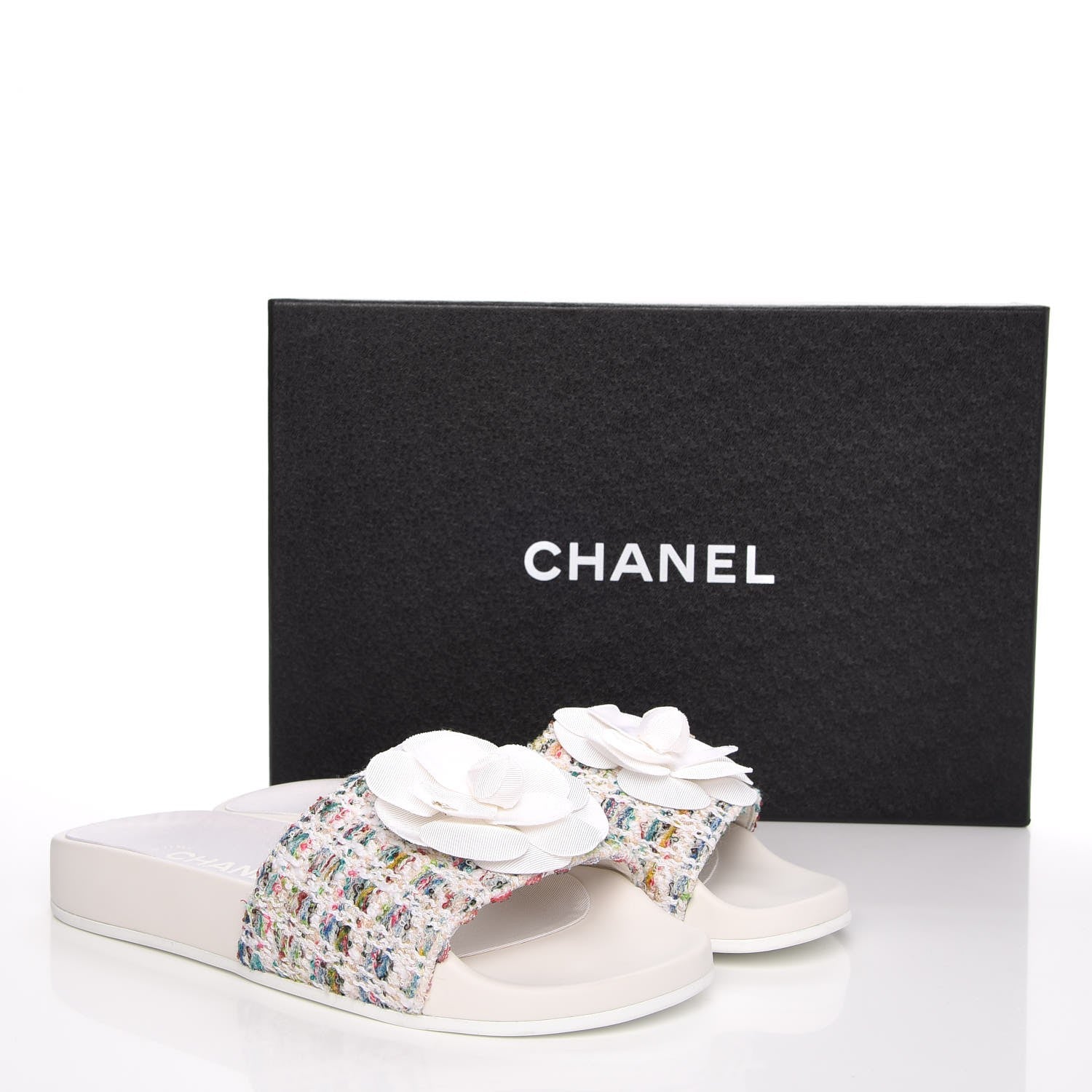 Chanel Tweed Grosgrain Camellia Mule Sandal 35 Ecru Green Ivory 10 of 10
