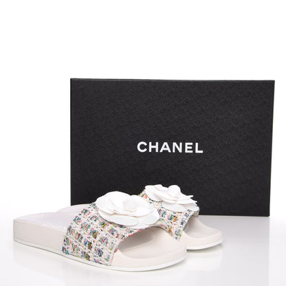 Chanel Tweed Grosgrain Camellia Mule Sandal 35 Ecru Green Ivory 10 of 10