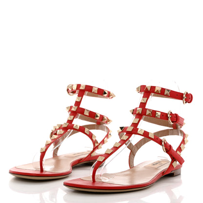 Valentino Garavani Calfskin Nappa Rockstud Ankle Wrap Flat Thong Sandals 35 Rouge Pur 3 of 10