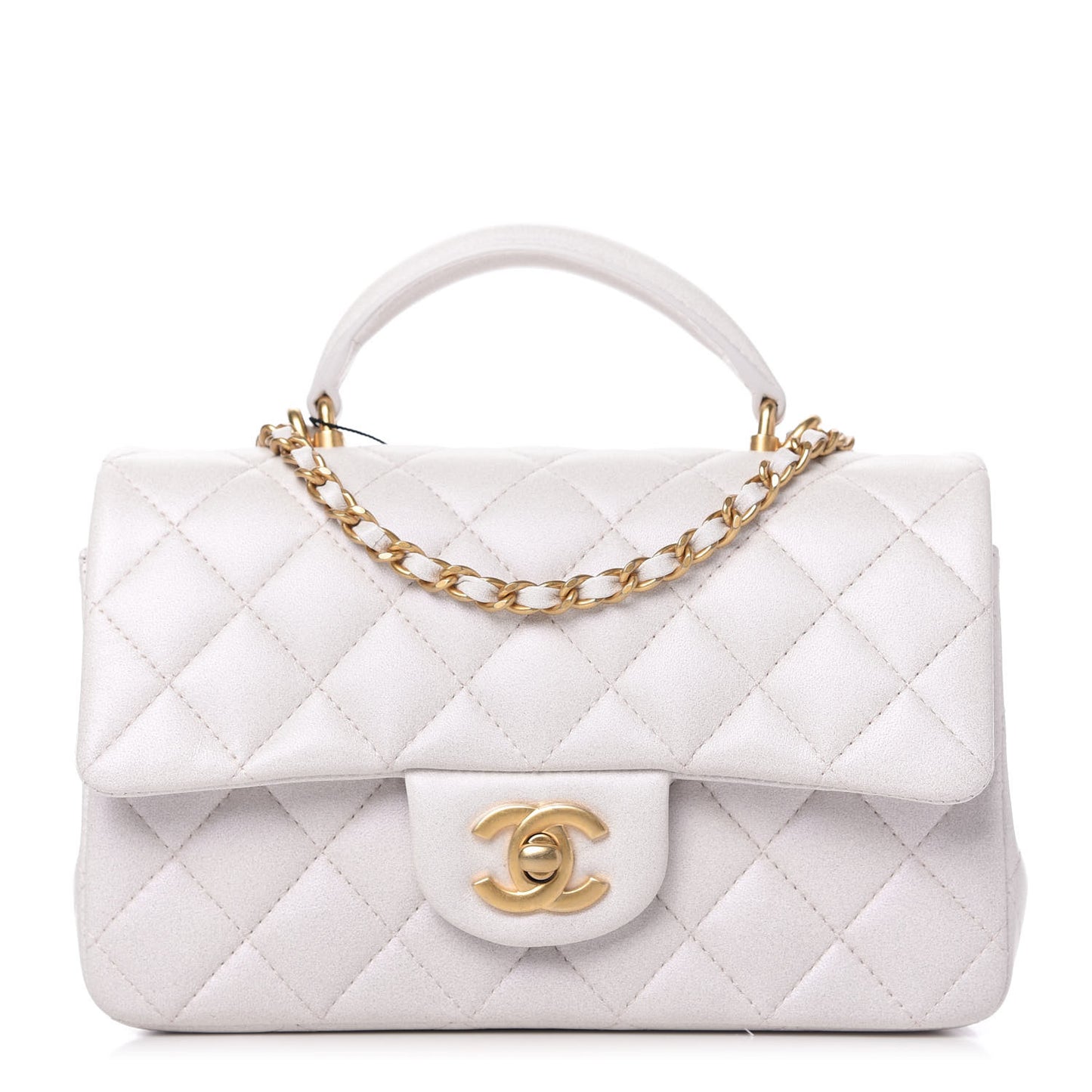 Iridescent Lambskin Quilted Mini Top Handle Rectangular Flap White
