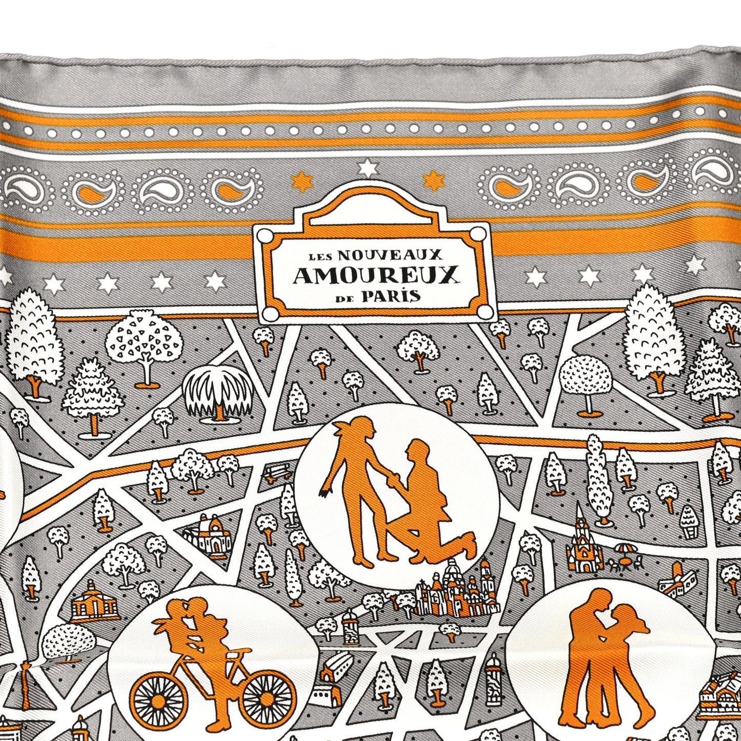 Silk Les Nouveaux Amoureux de Paris Bandana Scarf 55 Gris White Caramel