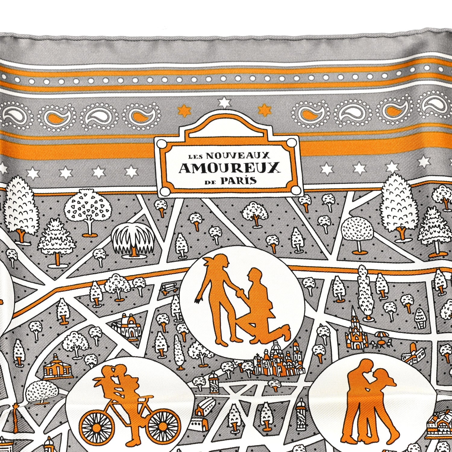 Hermes Silk Les Nouveaux Amoureux de Paris Bandana Scarf 55 Gris White Caramel 3 of 5