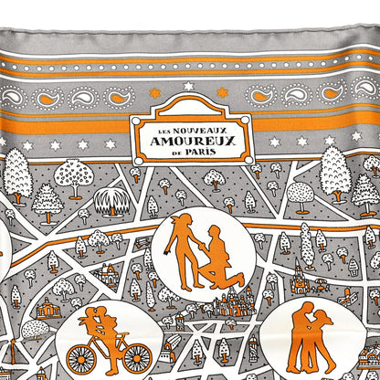 Hermes Silk Les Nouveaux Amoureux de Paris Bandana Scarf 55 Gris White Caramel 3 of 5