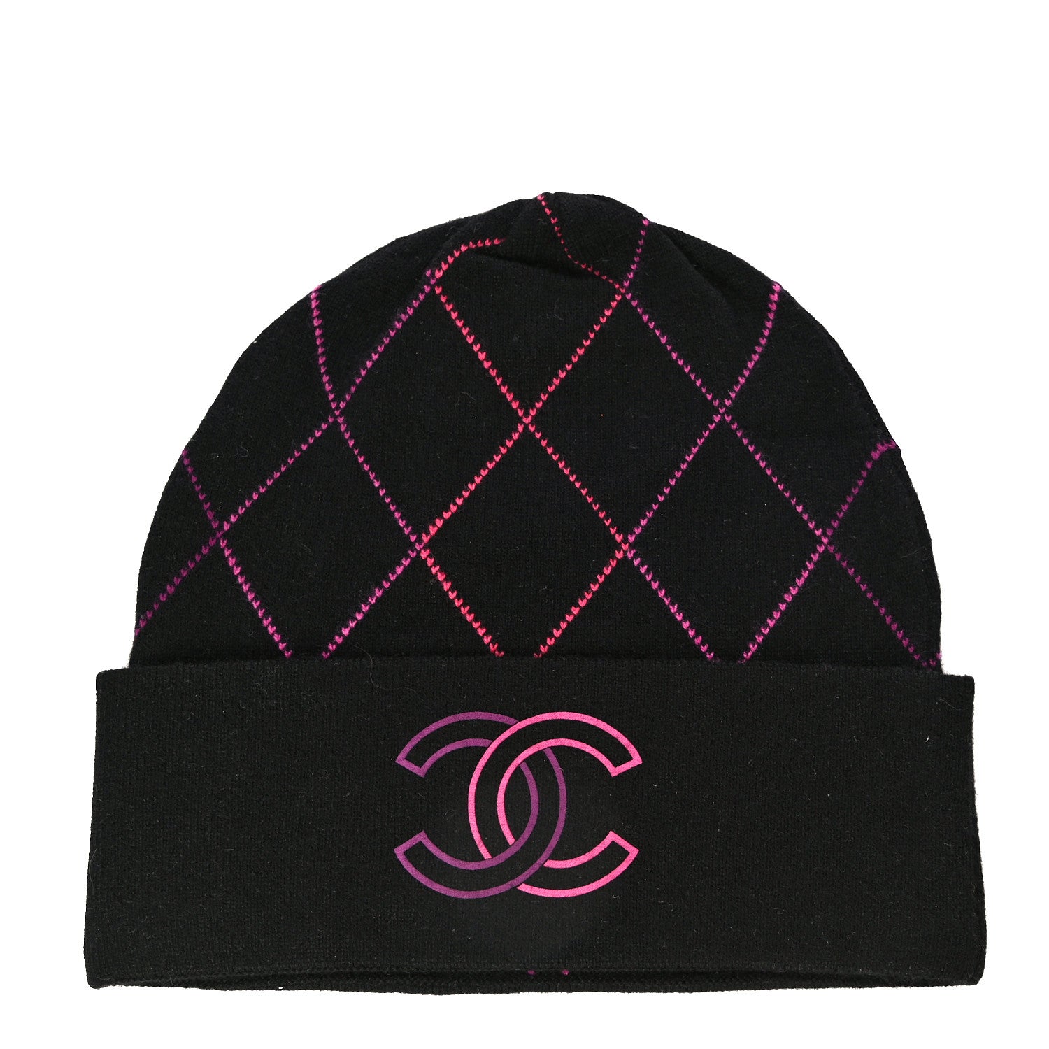 Chanel Wool Cashmere Quilted CC Beanie Hat Black Pink Purple 1 of 7