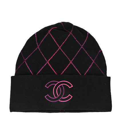 Chanel Wool Cashmere Quilted CC Beanie Hat Black Pink Purple 1 of 7