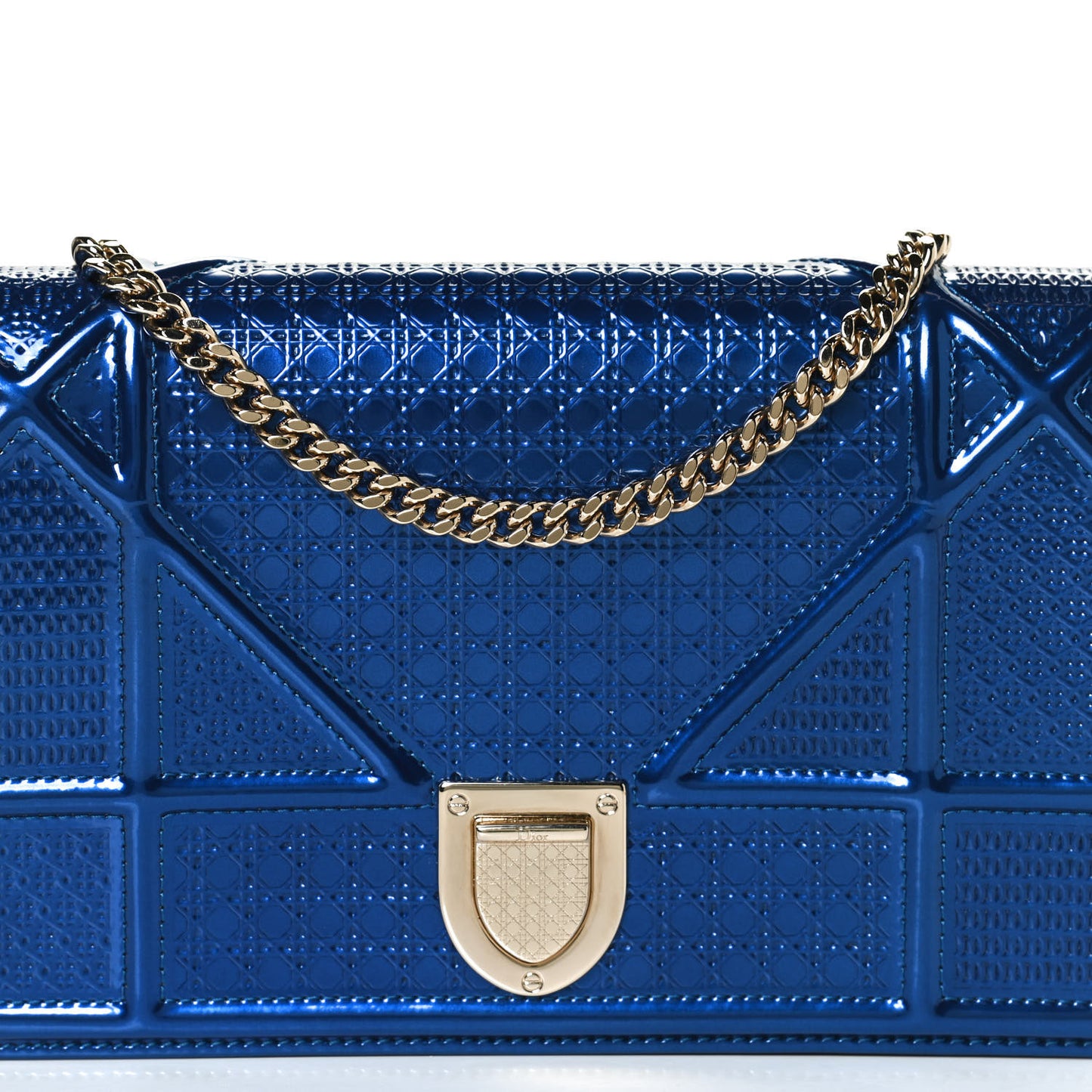 Metallic Patent Micro-Cannage Diorama Wallet on Chain Pouch Mirror Blue