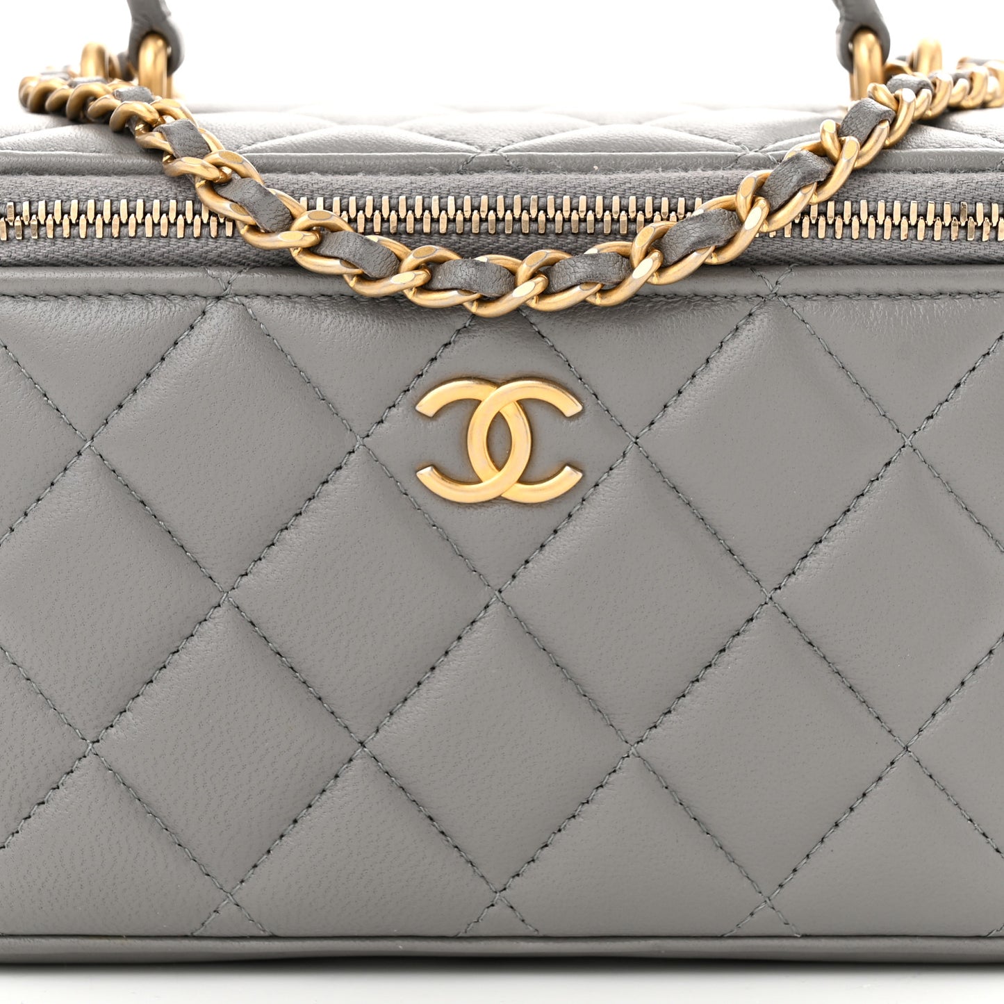 Lambskin Quilted Metal Small Top Handle Vanity Case With Chain Grey