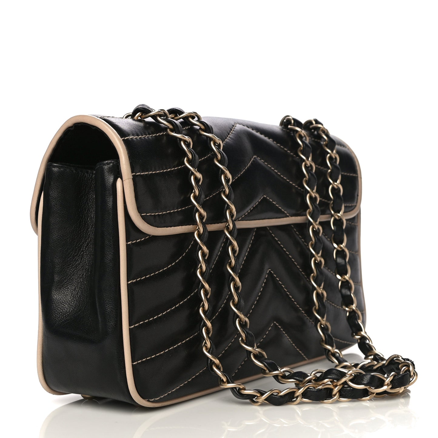 Lambskin Quilted Single Flap Bag Black Beige