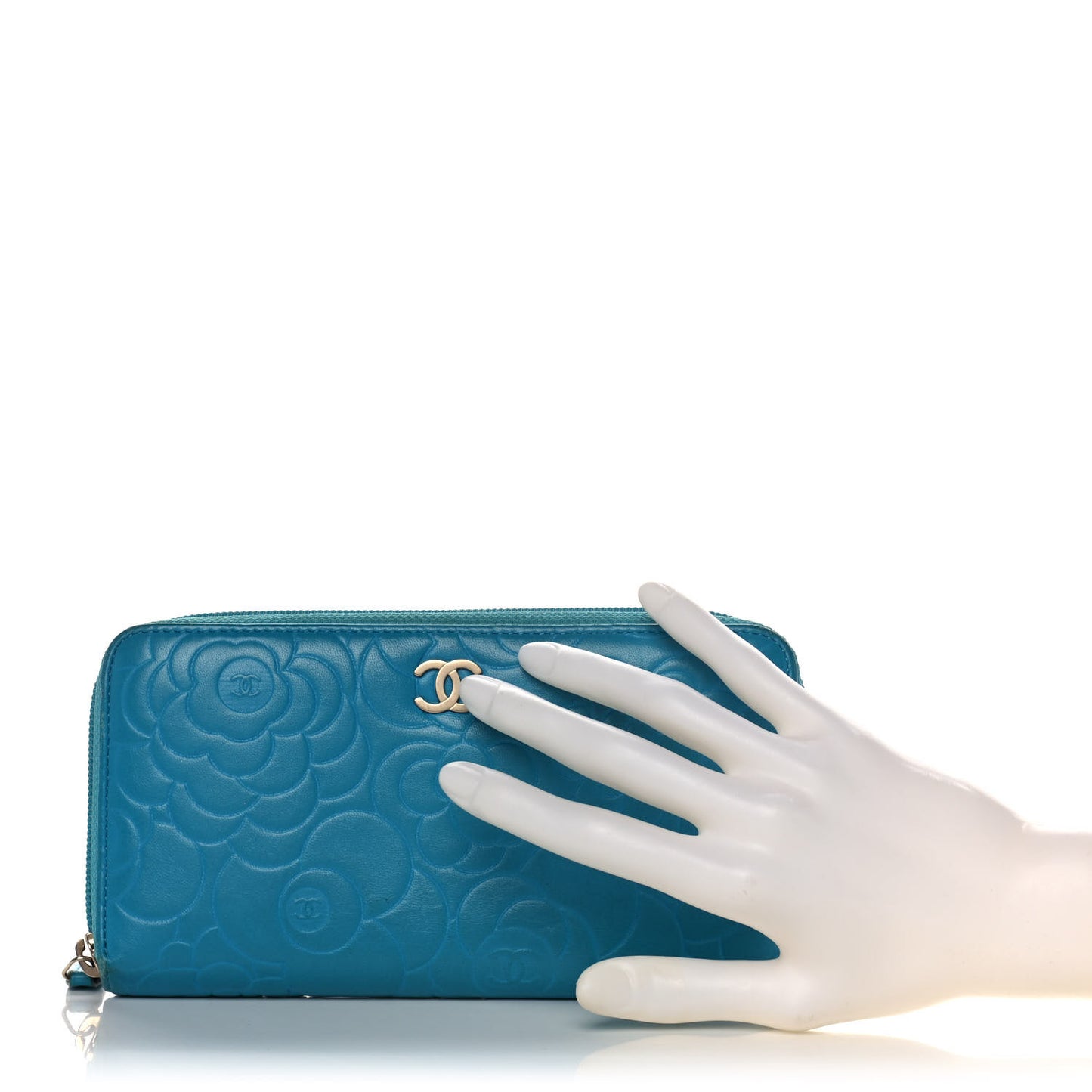Lambskin Camellia Embossed Large Gusset Zip Around Wallet Blue
