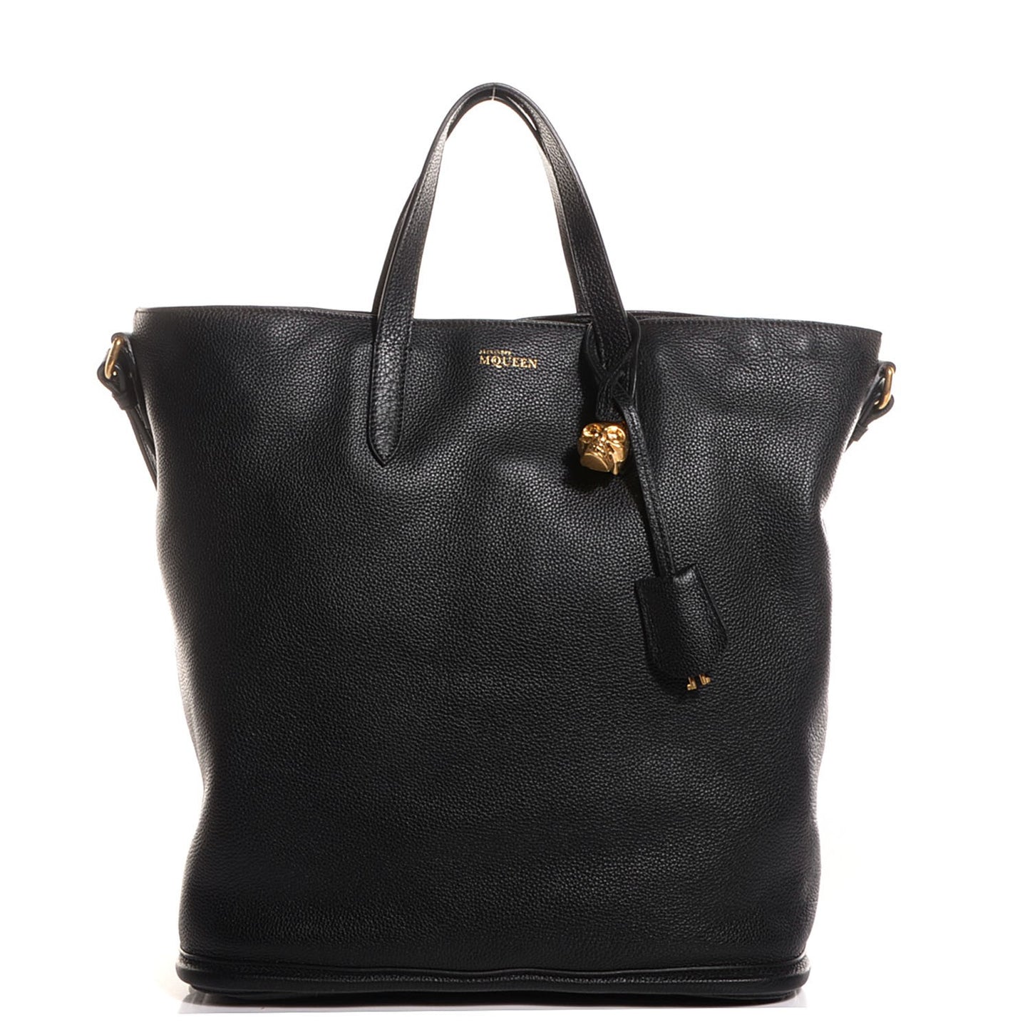 Pebbled Calfskin North South Skull Padlock Tote Black