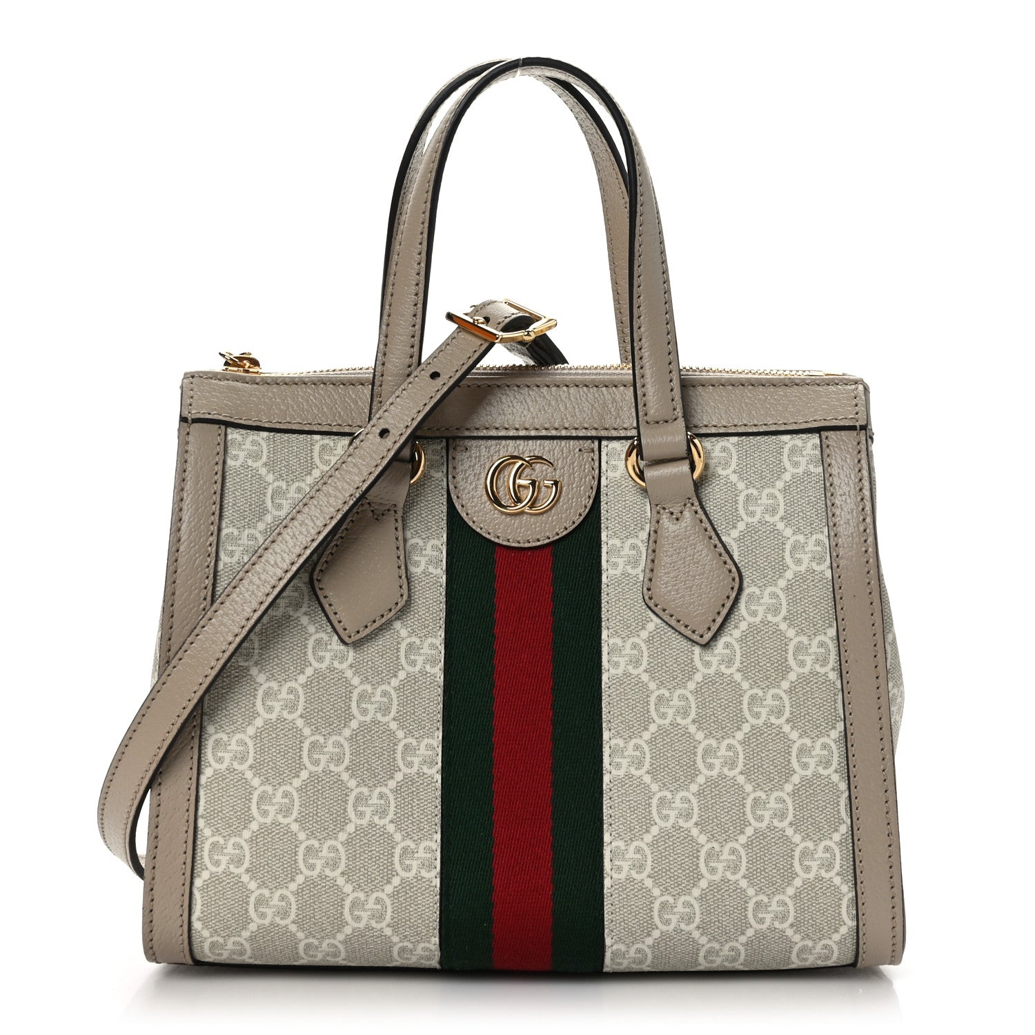Gucci GG Supreme Monogram Textured Dollar Calfskin Web Small Ophidia Tote Bag Beige Mystic White Oatmeal 1 of 9