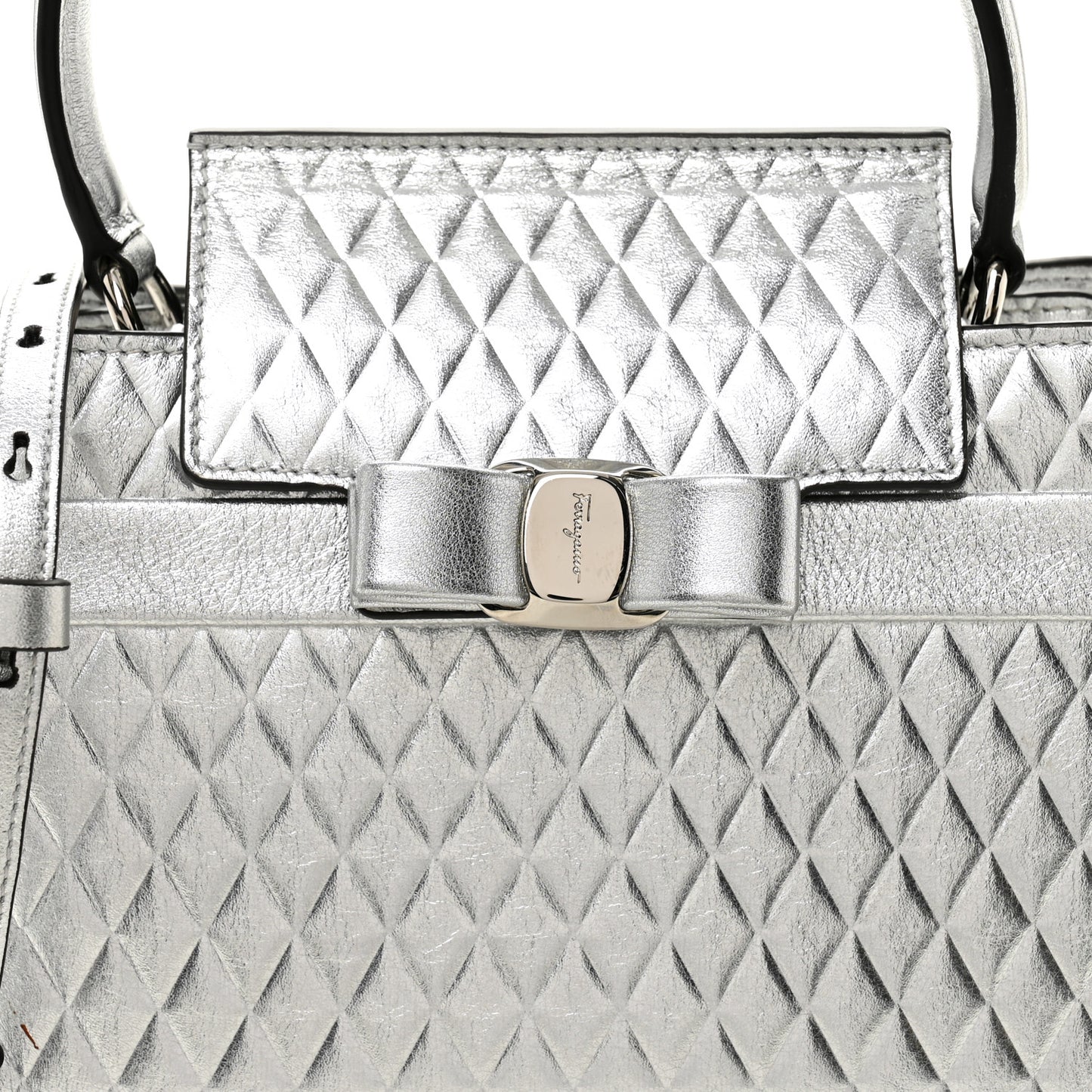Metallic Calfskin Quilted Vara Bow Shoulder Bag Silver