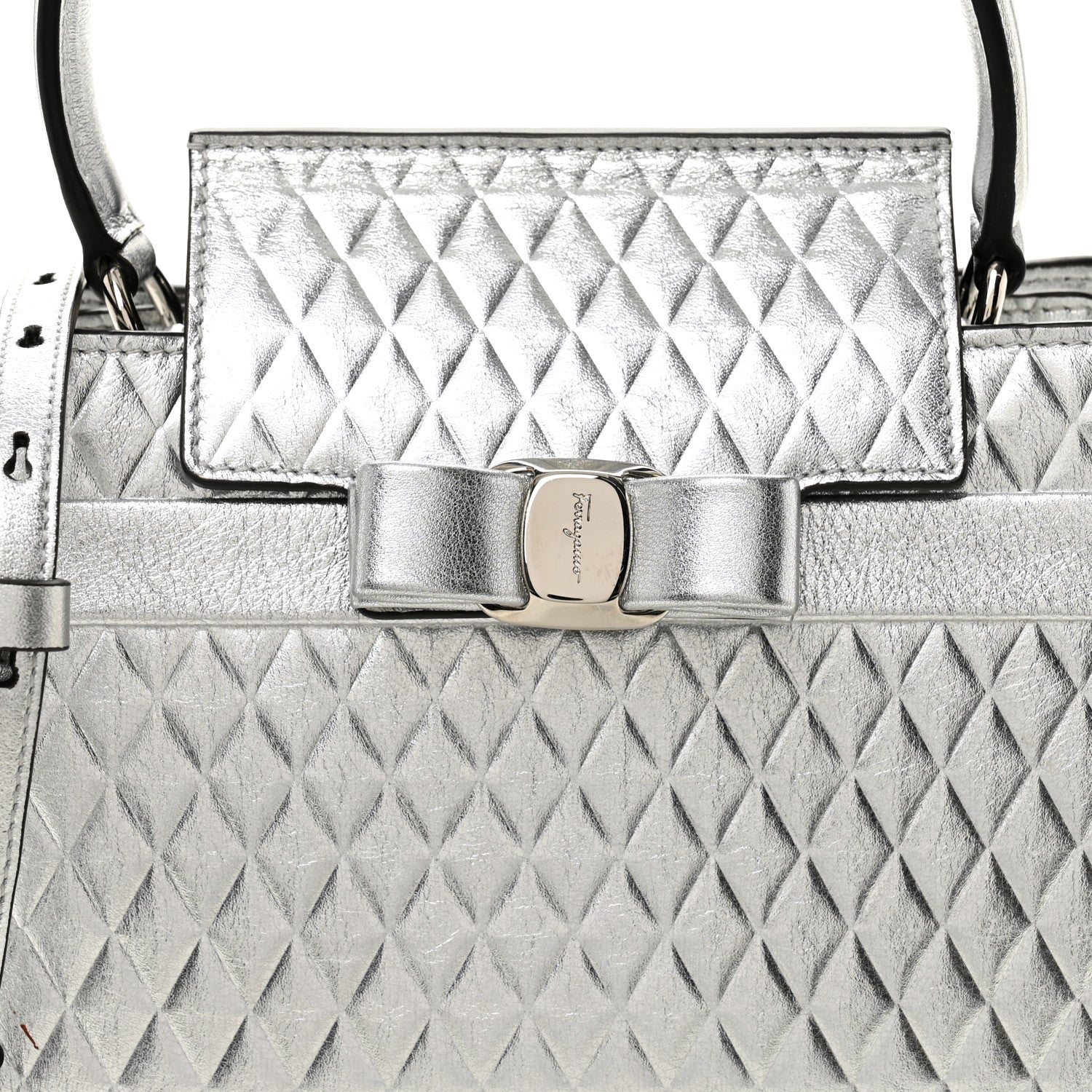 Salvatore Ferragamo Metallic Calfskin Quilted Vara Bow Shoulder Bag Silver 8 of 10