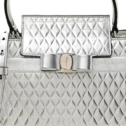 Salvatore Ferragamo Metallic Calfskin Quilted Vara Bow Shoulder Bag Silver 8 of 10