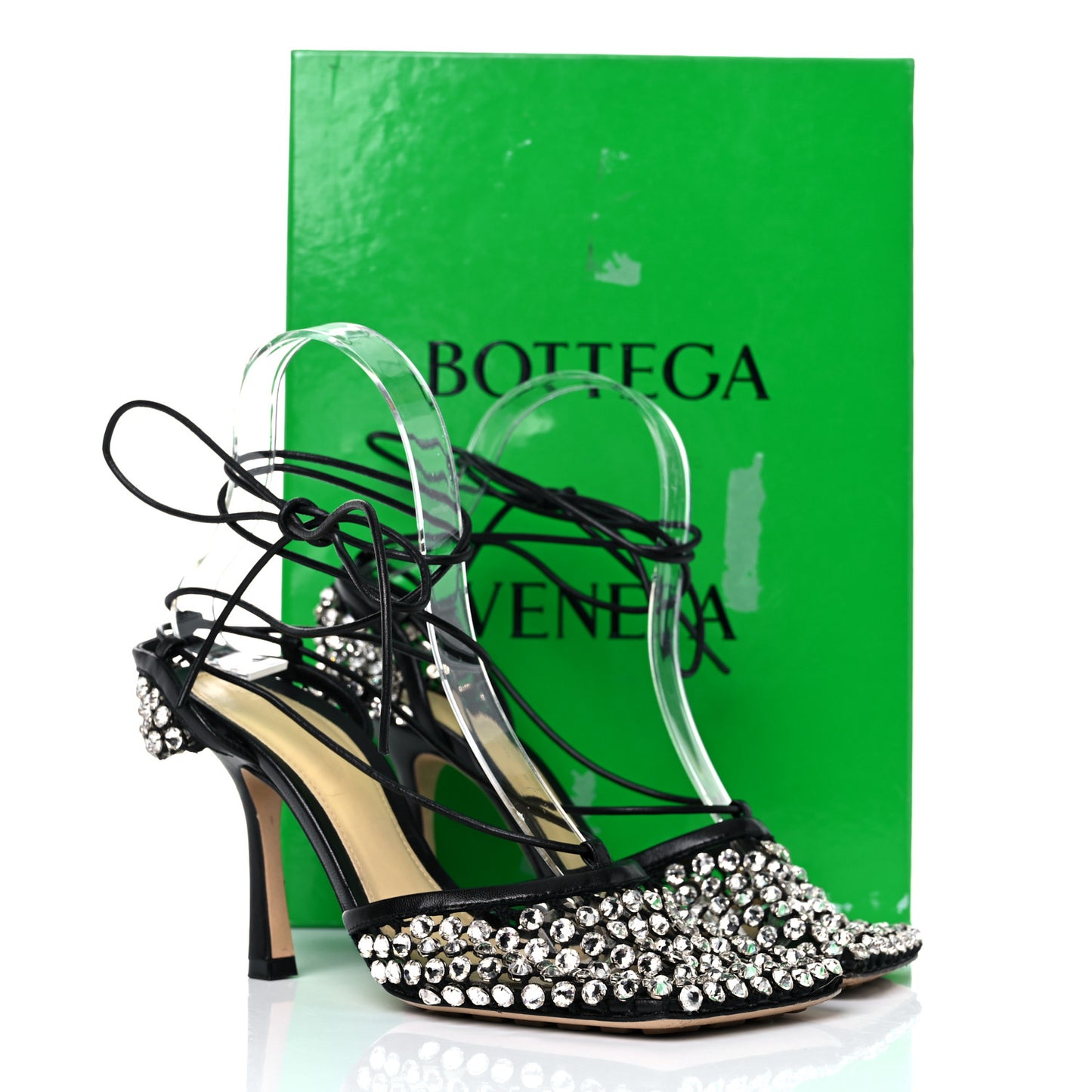 Mesh Nappa Crystal Embellished Sparkle Stretch Ankle Tie Sandals 36 Black