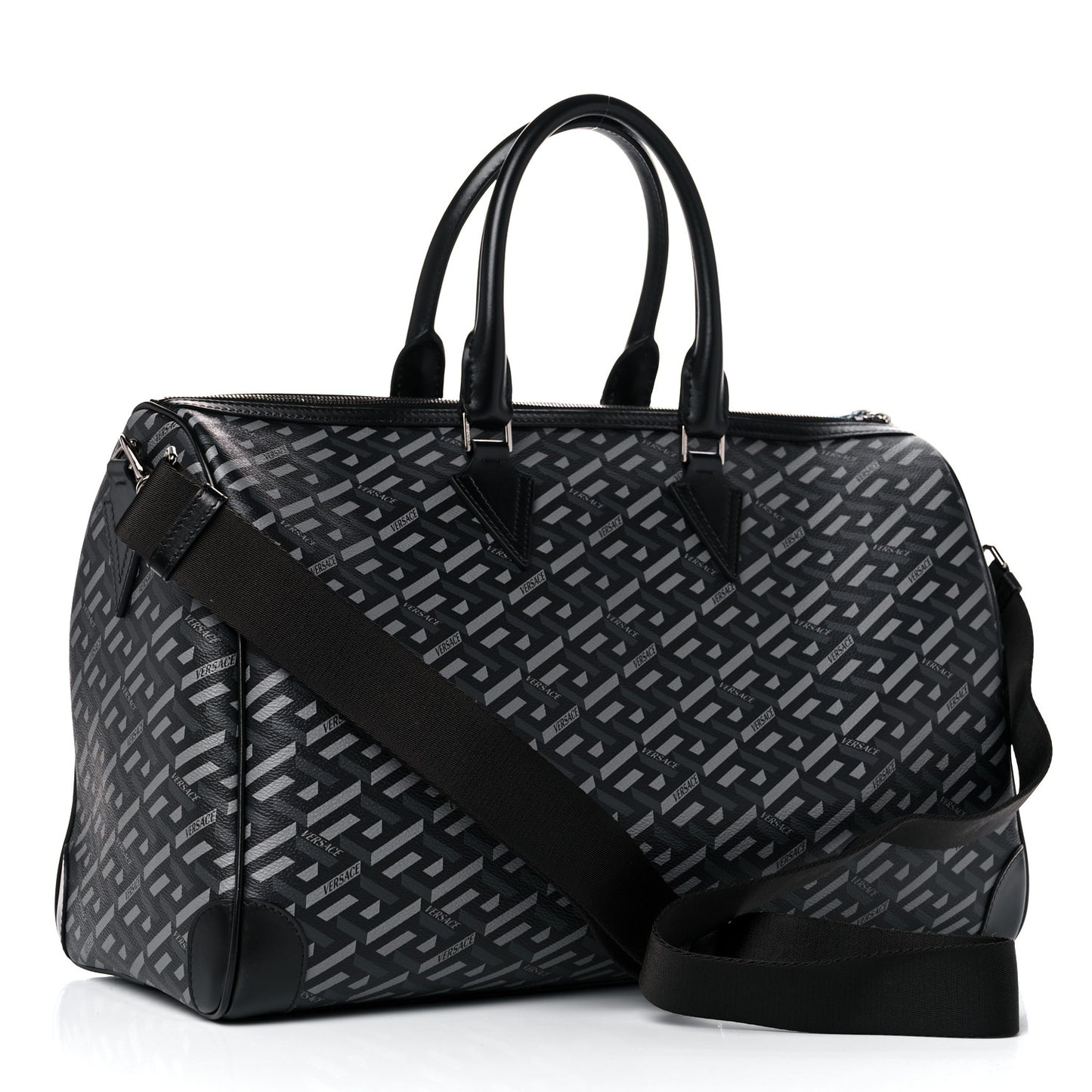 Coated Canvas Calfskin La Greca Signature Travel Bag Black Grey