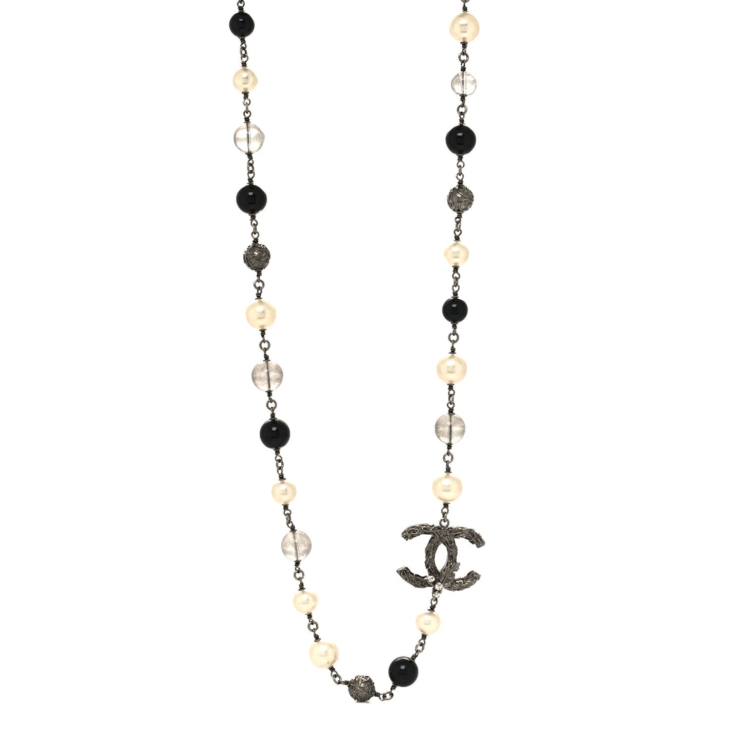 Pearl Beaded CC Long Necklace Silver Black
