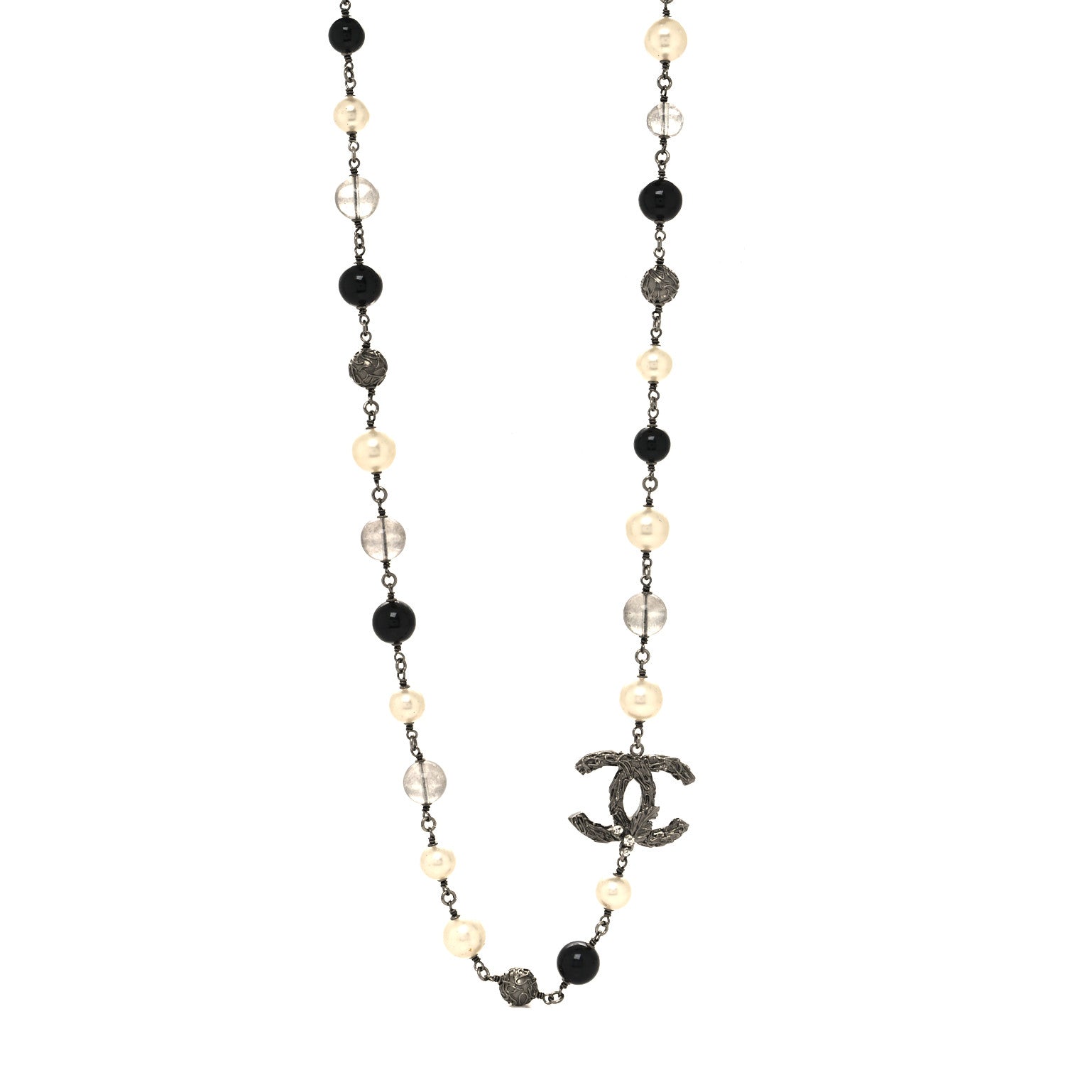 Chanel Pearl Beaded CC Long Necklace Silver Black 1 of 4