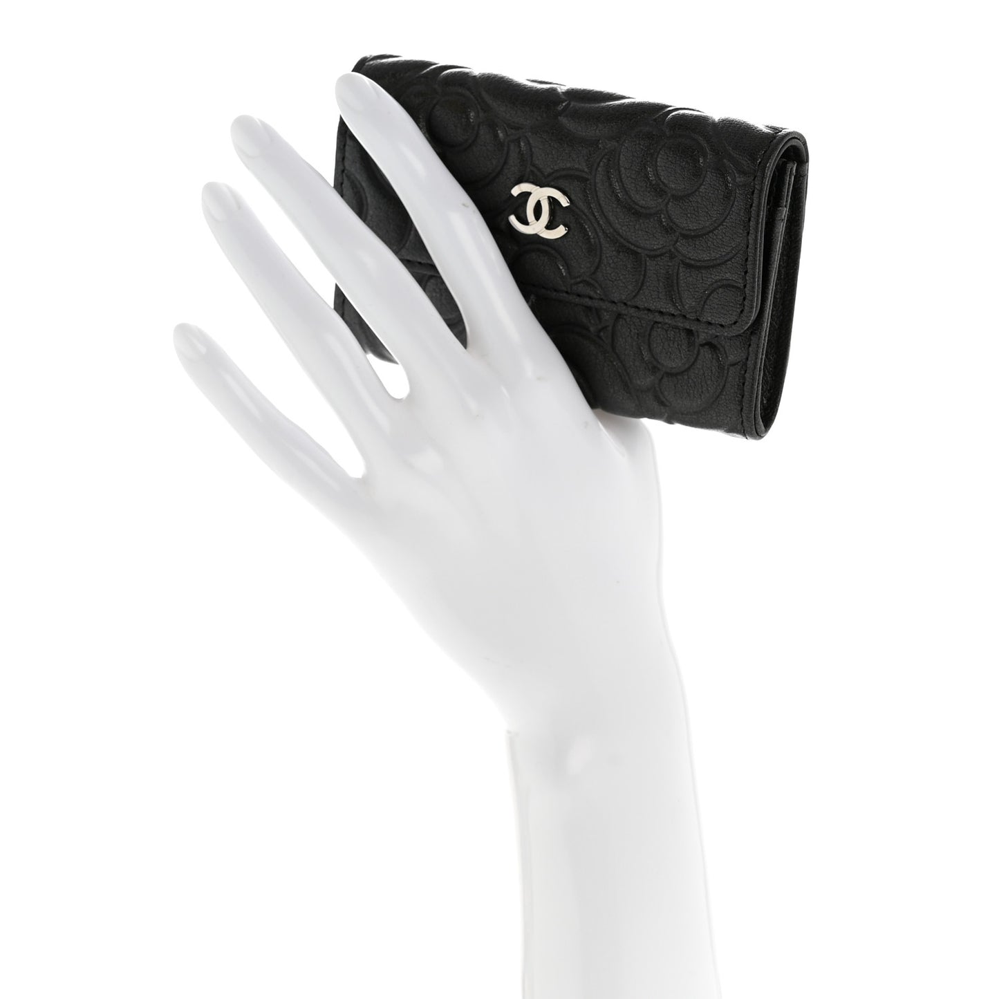 Goatskin Camellia Embossed Flap Card Holder Wallet Anthracite