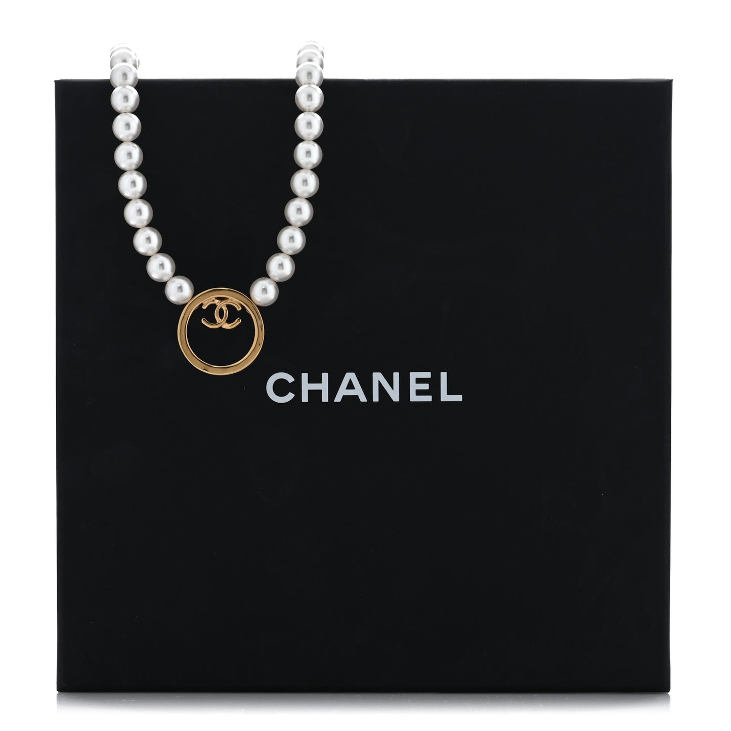 Pearl CC Round Long Necklace Gold White
