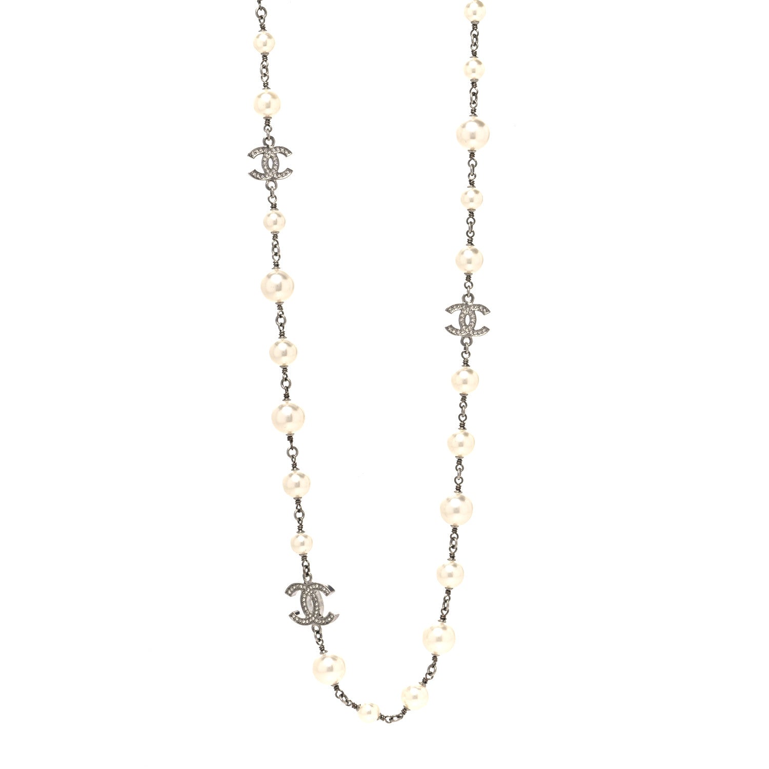 Chanel Graduated Pearl Crystal CC Long Necklace Silver 1 of 5