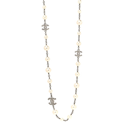 Chanel Graduated Pearl Crystal CC Long Necklace Silver 1 of 5