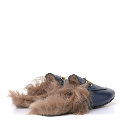 Gucci Malaga Kid Fur Womens Princetown Slippers 37.5 Blue Agata 3 of 7