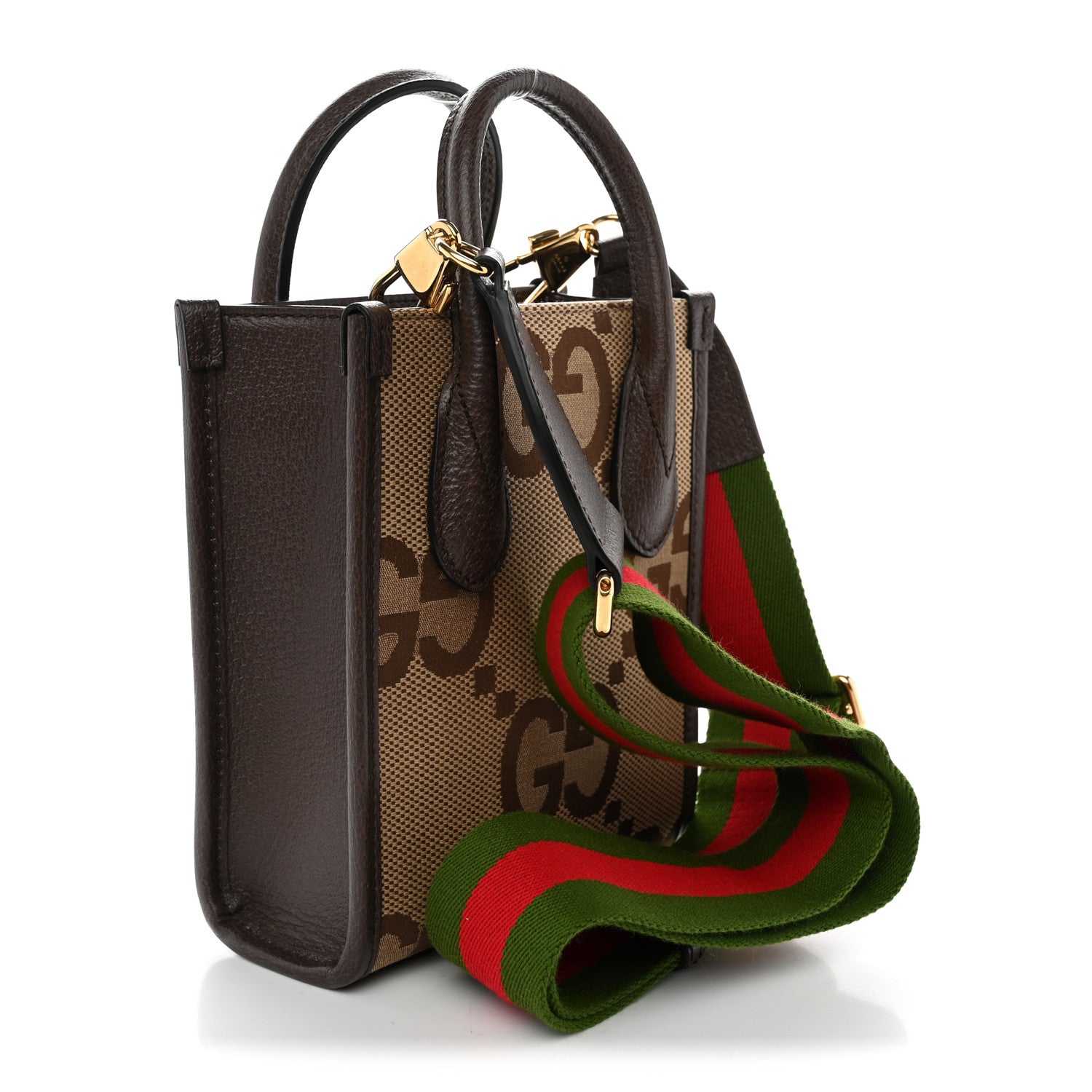 Gucci Monogram Jumbo GG Textured Dollar Calfskin Web Mini Vertical Tote Camel Ebony New Acero 3 of 10