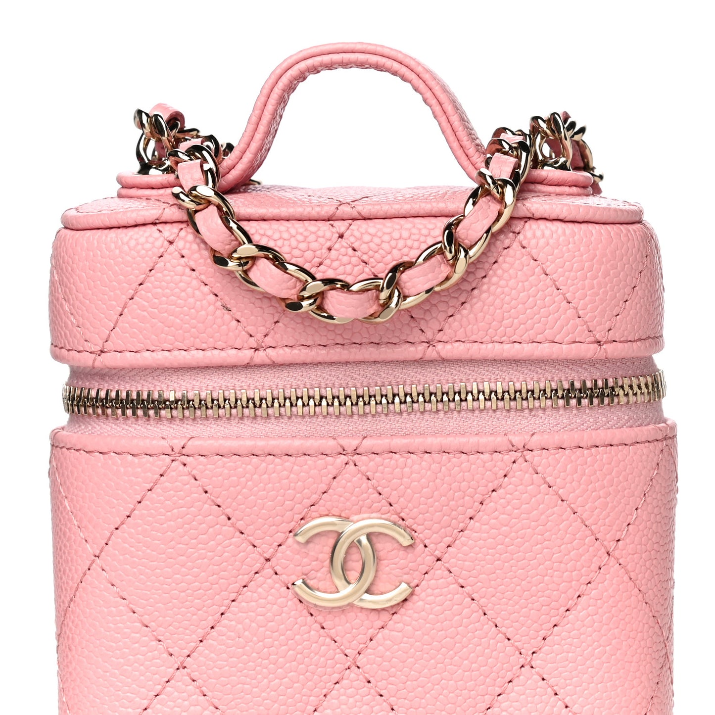 Caviar Quilted Small Handle With Care Vanity Case With Chain Pink