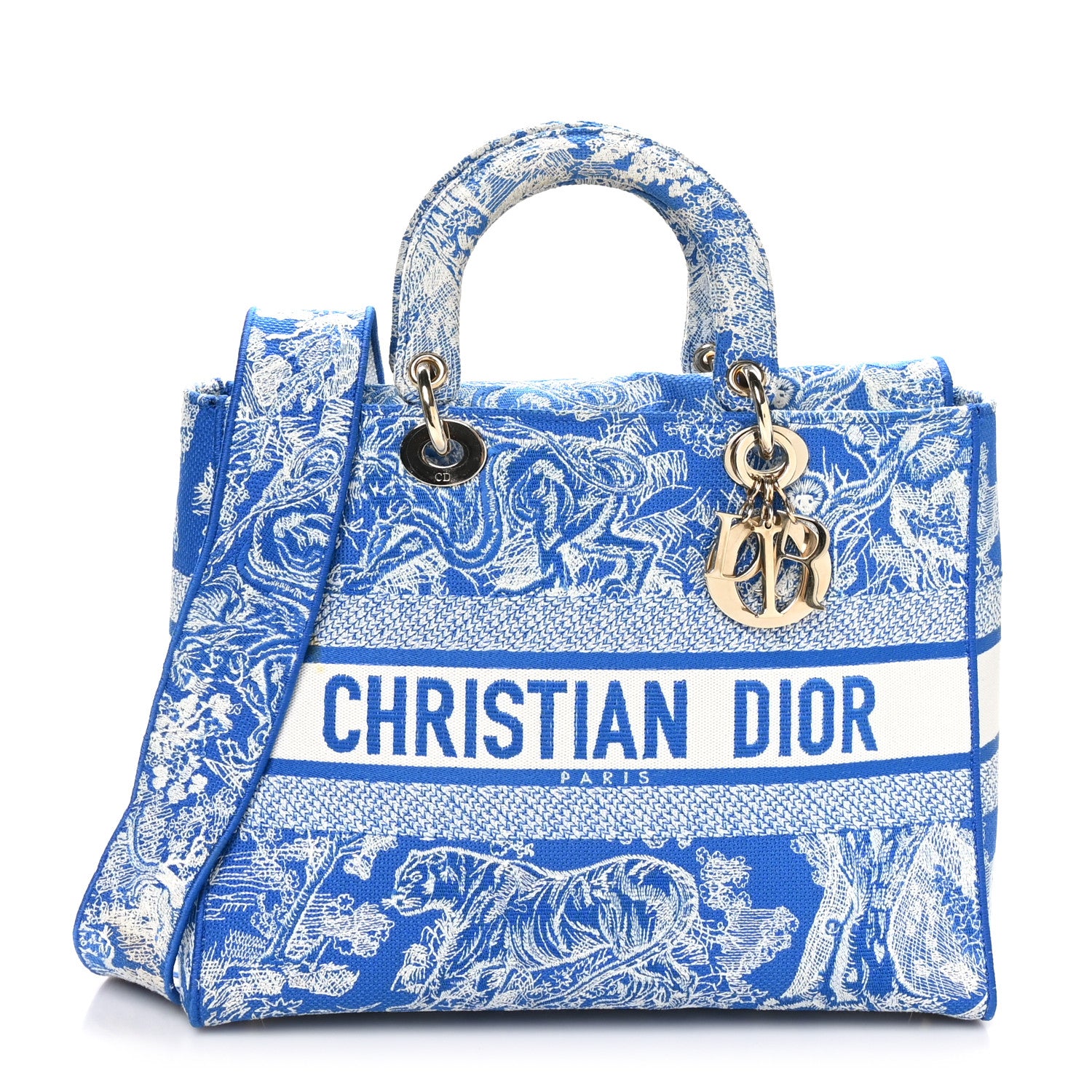 Christian Dior Toile de Jouy Embroidered Large Lady D-Lite Fluorescent Blue 1 of 11