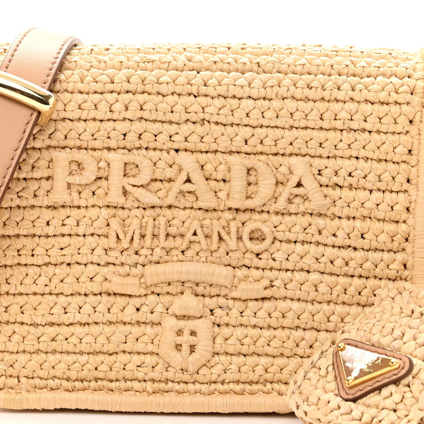 Yarn Raffia Effect Crochet Logo Embroidered Flap Shoulder Bag Naturale